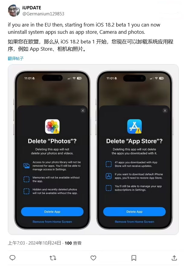 义县苹果手机维修分享iOS 18.2 支持删除 App Store 应用商店 